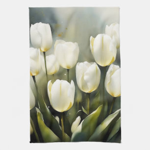 Elegant bunch of White Tulips in a Serene Garden Kitchen Towel