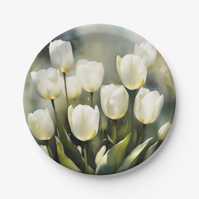 Elegant bunch of White Tulips  in a Serene Garden  Paper Plates (Front)