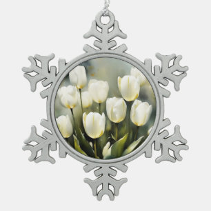 Elegant bunch of White Tulips in a Serene Garden Snowflake Pewter Christmas Ornament