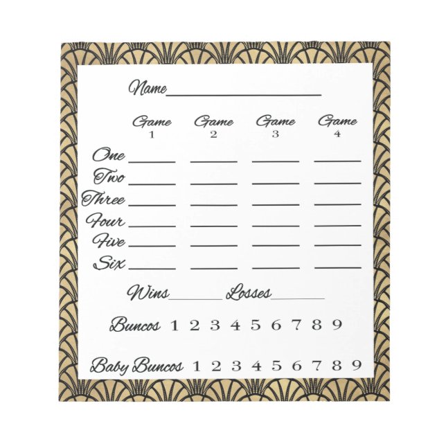 Elegant Bunco Score Sheet Art Deco Black Gold Notepad (Front)