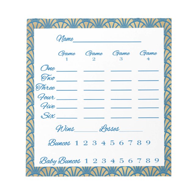 Elegant Bunco Score Sheet Art Deco Notepad (Front)