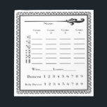 Elegant Bunco Score Sheet Notepad<br><div class="desc">Here is an attractive Bunco Score Pad to use at your next Bunco event. Features easy to read text,  includes Baby Buncos,  Bunco,  WIns and Losses.  Dice are featured to help you with your round scoring.  Look at my "what number are we on" design in my store.  Artiinspired</div>