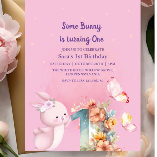 Elegant Bunny First 1st Birthday Baby Girl Pink Invitation (Creator Uploaded)