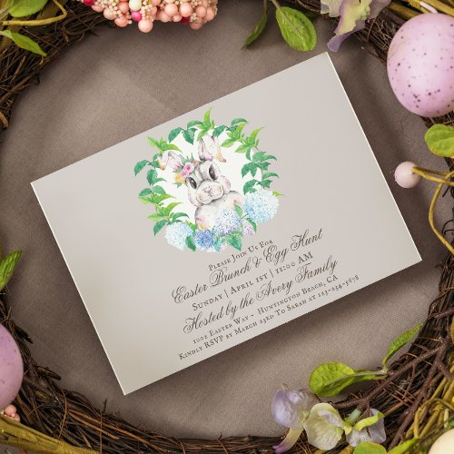 Elegant Bunny Floral Wreath Brunch  Egg Hunt Invitation