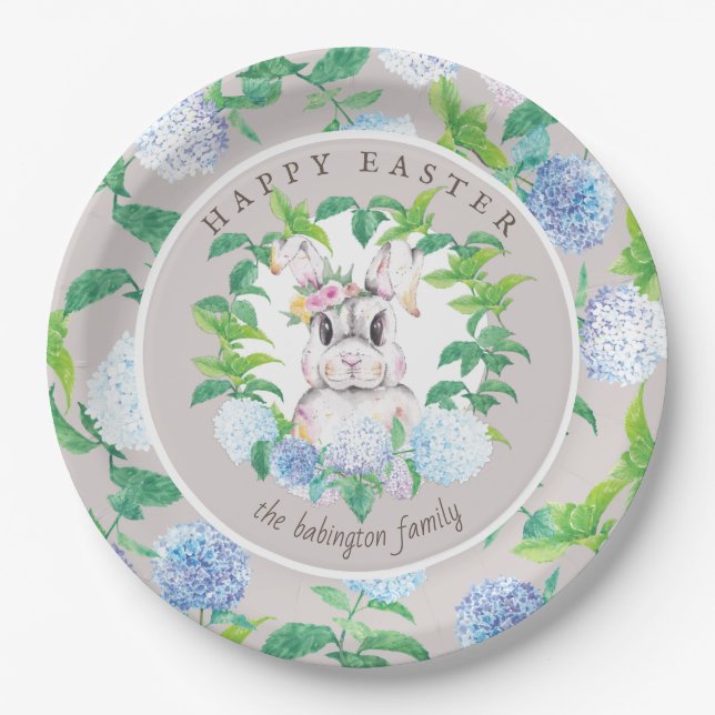 Elegant Bunny Floral Wreath Easter Family Name Paper Plates (Front)