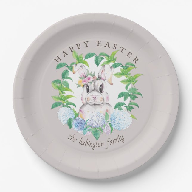 Elegant Bunny Floral Wreath Easter Personalized Paper Plates (Front)