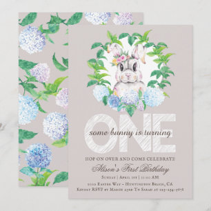Elegant Bunny Floral Wreath First Birthday Invitation