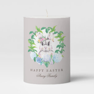 Elegant Bunny Floral Wreath Personalized Easter Pillar Candle
