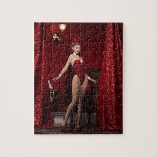 Elegant Bunny Girl on Red Velvet Curtain Jigsaw Puzzle