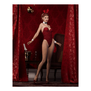 Elegant Bunny Girl on Red Velvet Curtain Poster