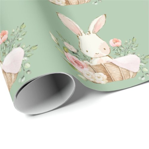 Elegant Bunny Rabbit Baby Shower Green Wrapping Paper