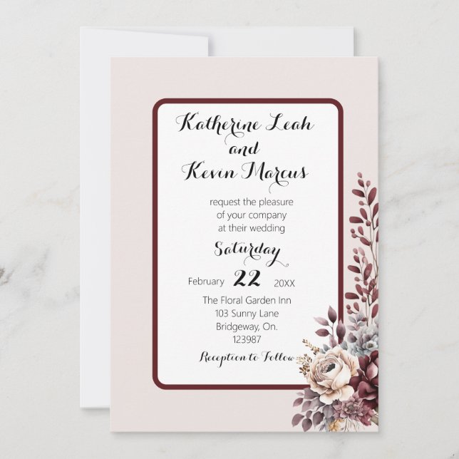 Elegant Burgandy Dusty Rose Floral  Invitation (Front)
