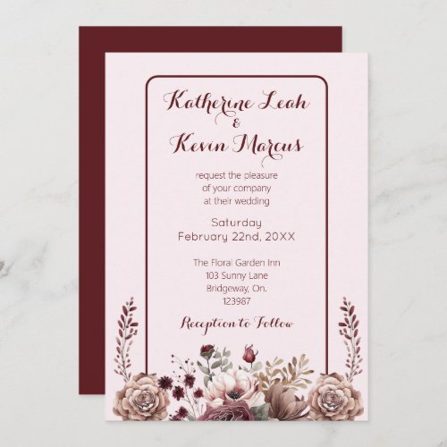  Elegant Burgandy Dusty Rose Floral Wedding  Invitation
