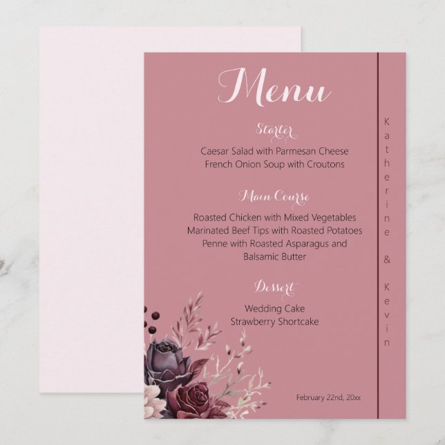 Elegant Burgandy Dusty Rose Floral Wedding  Menu  (Front/Back)