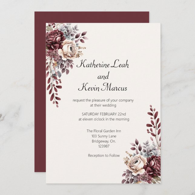 Elegant Burgandy Floral  Invitation (Front/Back)