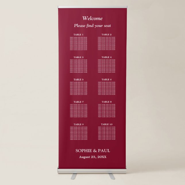 Elegant Burgundy 10 Table Seating Chart Retractable Banner (Front)