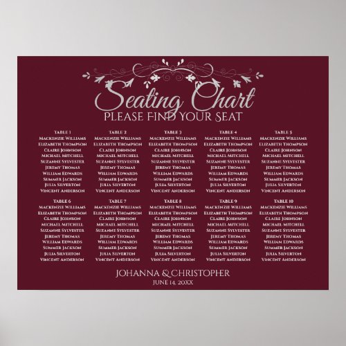 Elegant Burgundy 10 Table Wedding Seating Chart