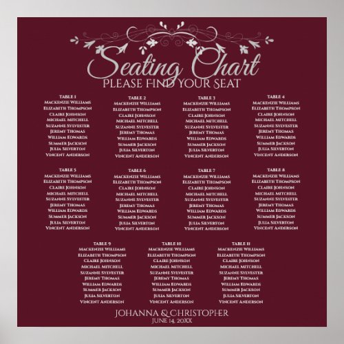 Elegant Burgundy 11 Table Wedding Seating Chart