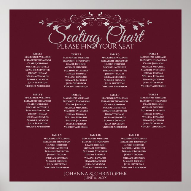 Elegant Burgundy 11 Table Wedding Seating Chart (Front)