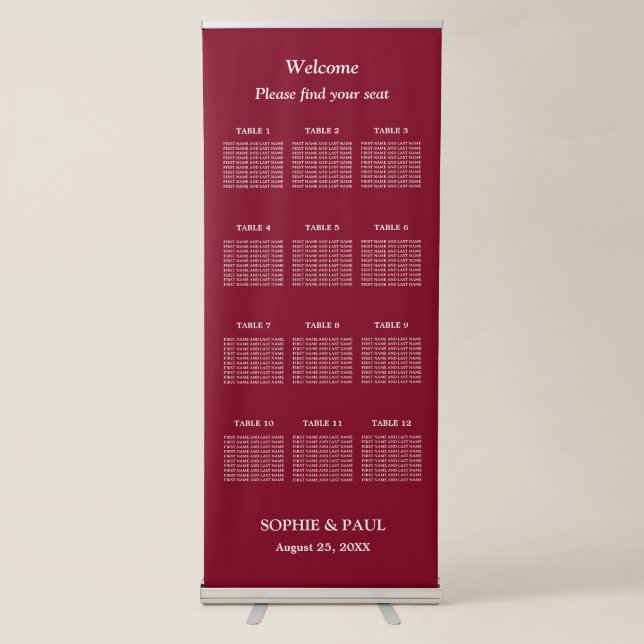 Elegant Burgundy 12 Table Seating Chart Retractable Banner (Front)