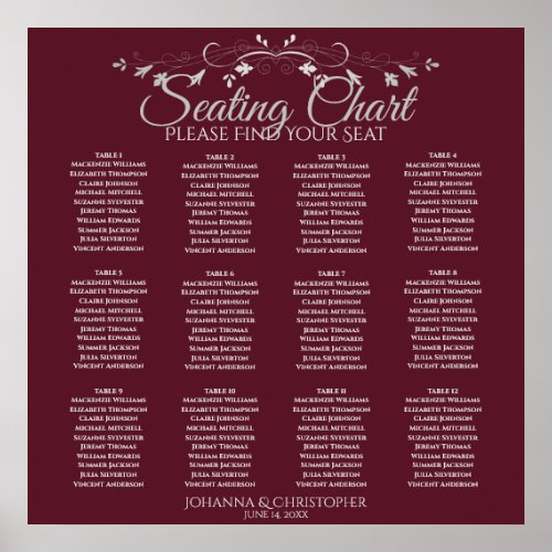 Elegant Burgundy 12 Table Wedding Seating Chart