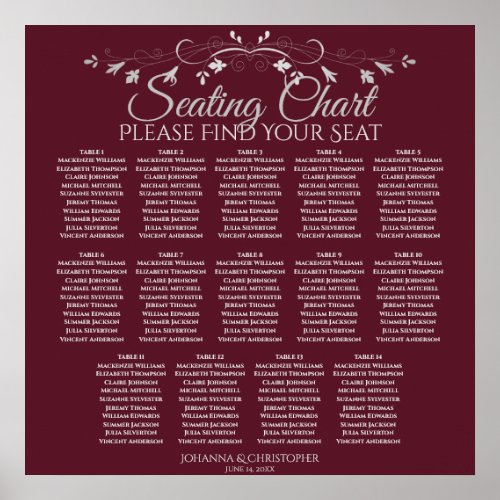 Elegant Burgundy 14 Table Wedding Seating Chart