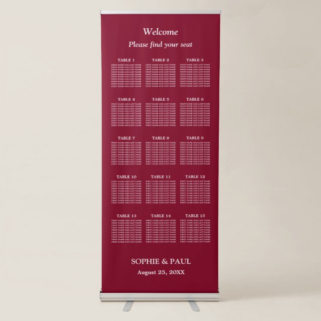Elegant Burgundy 15 Table Seating Chart Retractable Banner (Front)