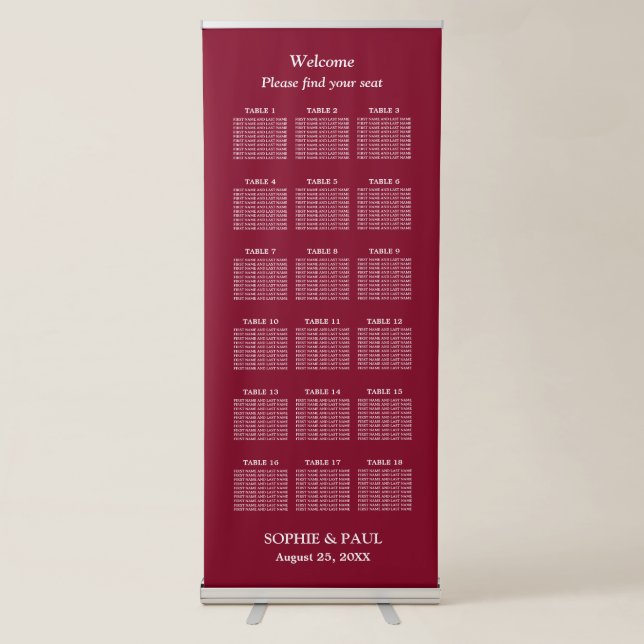 Elegant Burgundy 18 Table Seating Chart Retractable Banner (Front)