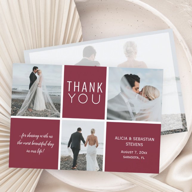 Elegant burgundy 3 photo collage wedding thank you card (Creator Uploaded)