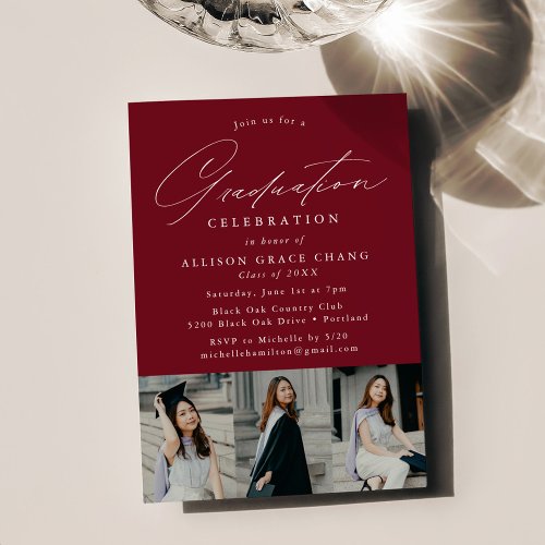 Elegant Burgundy 3 Photo Graduation Party Invitation