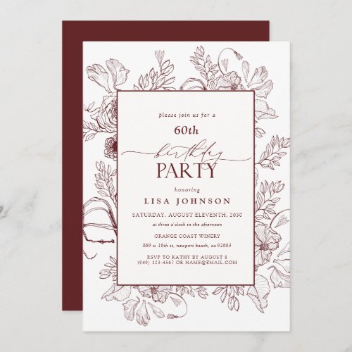 Elegant Burgundy 60th Birthday Floral Line Art  Invitation