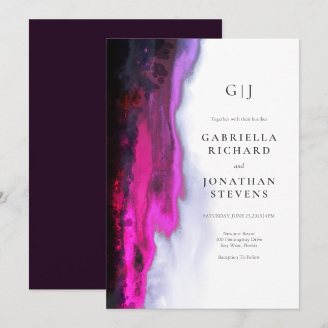 Elegant Burgundy Abstract Monogram Wedding Invitation (Front/Back)
