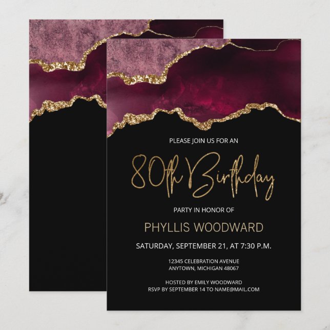 Elegant Burgundy Agate 80th Birthday Invitation (Front/Back)