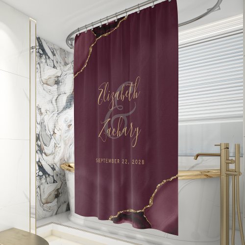 Elegant Burgundy Agate Gold Newlywed Names Wedding Shower Curtain