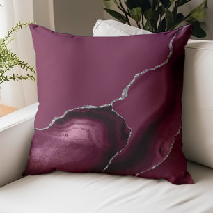 Elegant Burgundy Agate Silver Glitter Throw Pillow