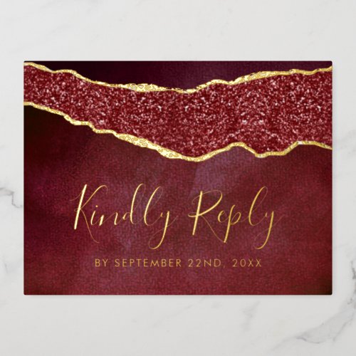 Elegant Burgundy Agate Wedding RSVP Real Foil Invitation Postcard