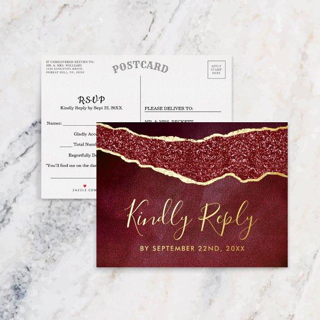Elegant Burgundy Agate Wedding RSVP Real Foil Invitation Postcard (Creator Uploaded)