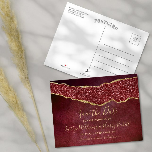 Elegant Burgundy Agate Wedding Save The Date Announcement Postcard (Creator Uploaded)