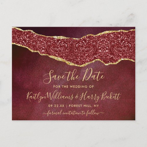 Elegant Burgundy Agate Wedding Save The Date Announcement Postcard
