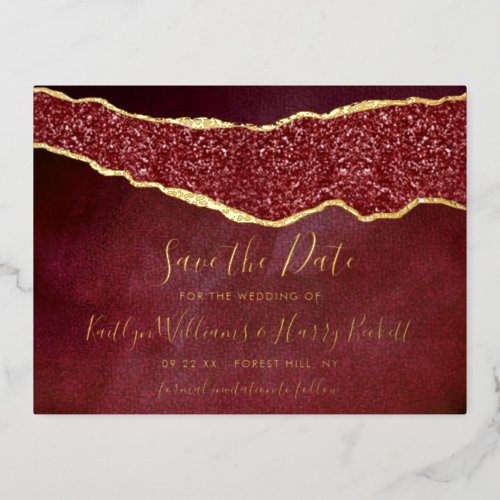 Elegant Burgundy Agate Wedding Save The Date Real Foil Invitation Postcard