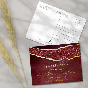 Elegant Burgundy Agate Wedding Save The Date Real Foil Invitation Postcard