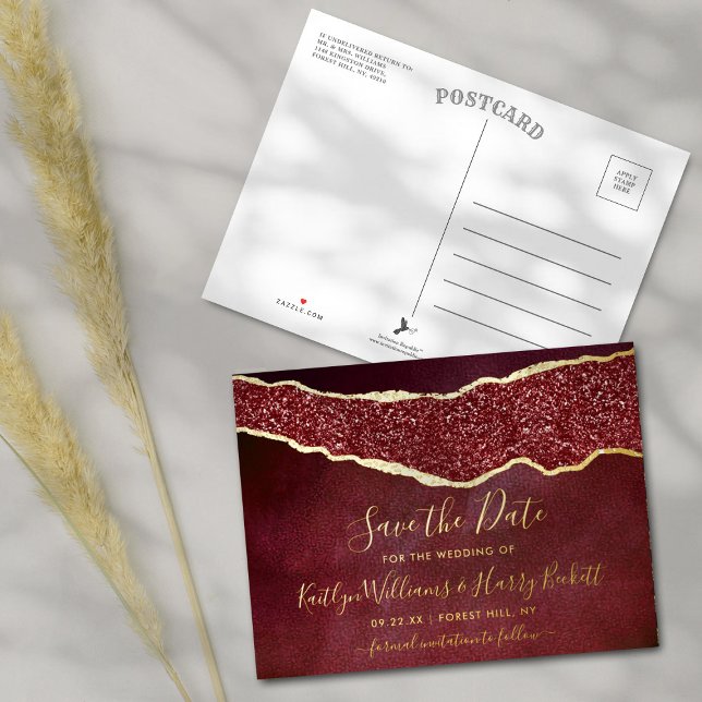 Elegant Burgundy Agate Wedding Save The Date Real Foil Invitation Postcard (Creator Uploaded)