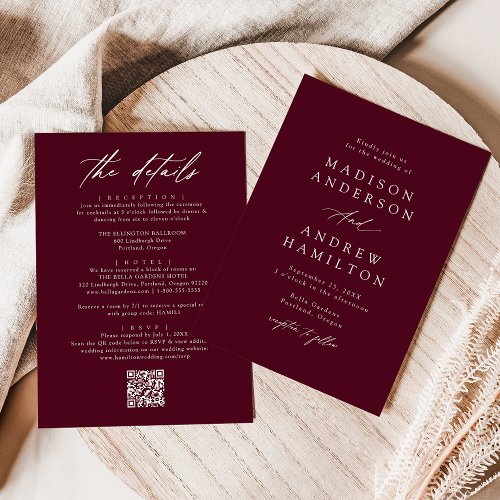 Elegant Burgundy All In One QR Code Wedding Invitation