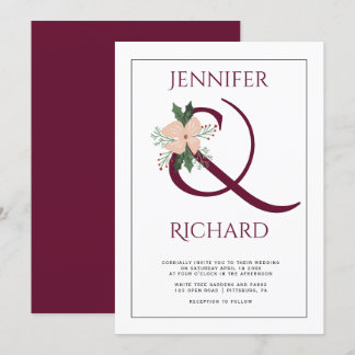 Elegant burgundy ampersand and pink flower wedding invitation