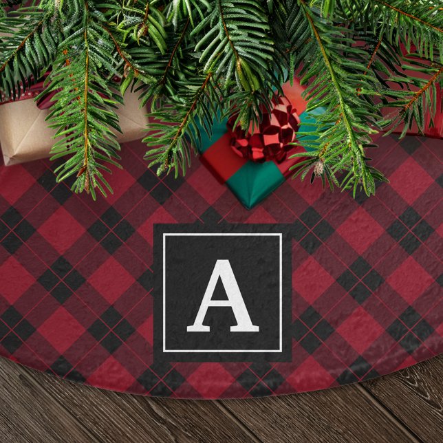 Elegant Burgundy and Black Plaid Monogram Brushed Polyester Tree Skirt (Creator Uploaded)