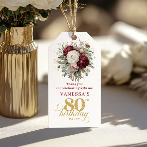 Elegant Burgundy and Blush 80th Birthday Favor Tag