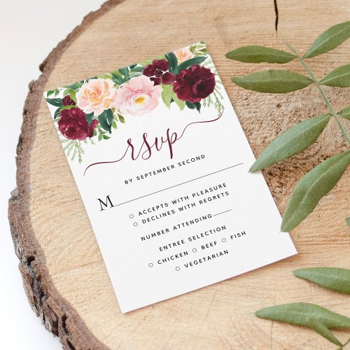 Elegant Burgundy and Blush Floral Wedding RSVP Card