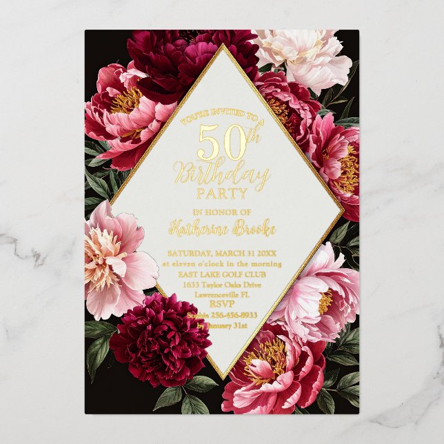 Elegant Burgundy and Blush Peony Floral Birthday Foil Invitation (Front)