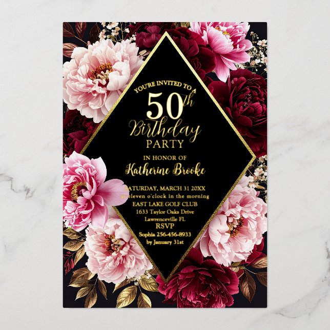 Elegant Burgundy and Blush Peony Floral Birthday Foil Invitation (Front)