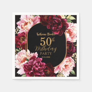Elegant Burgundy and Blush Peony Floral Birthday Napkins